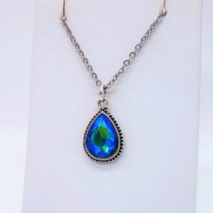 Handcrafted Antiqued Silver Teal Blue Rhinestone Teardrop Pendant Necklace